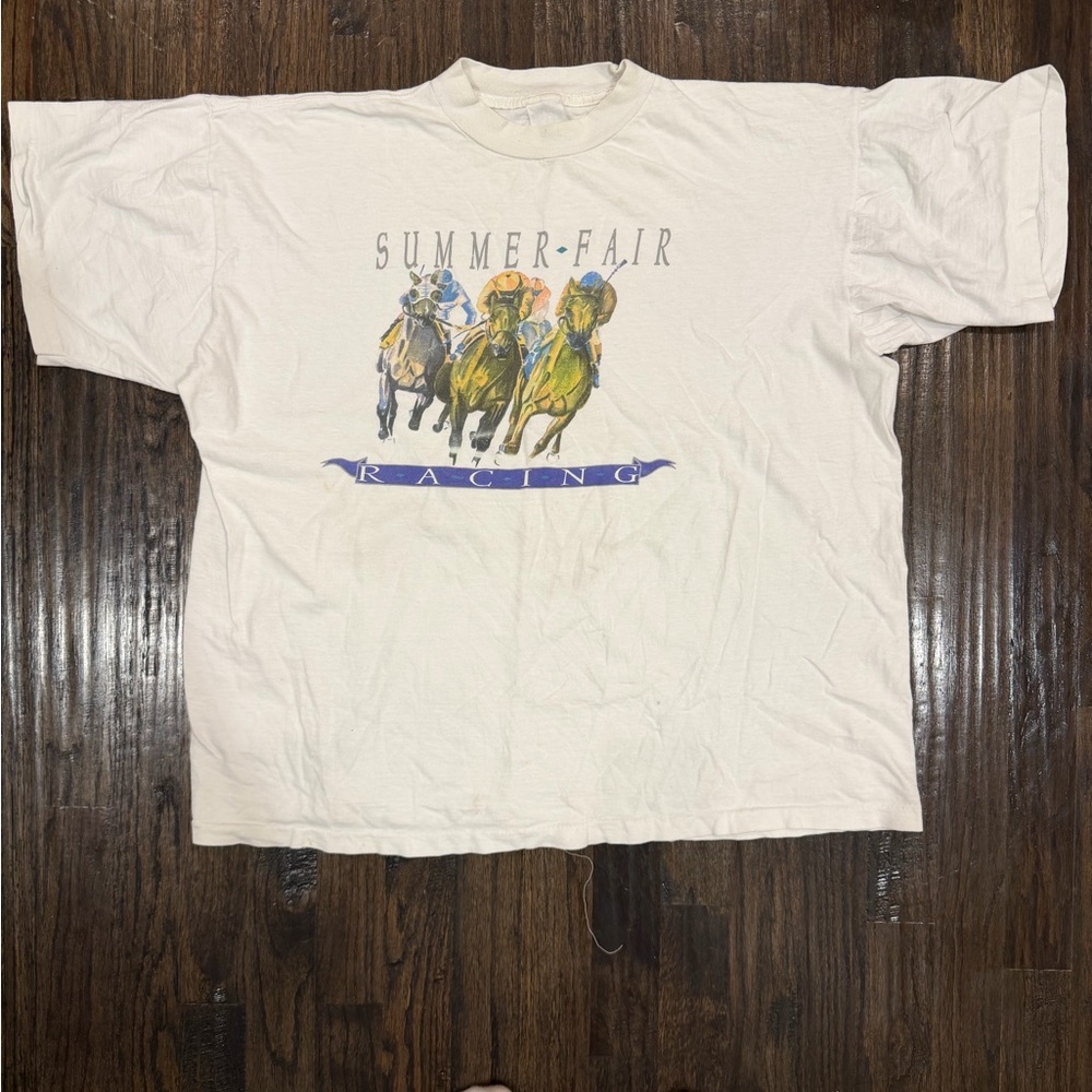 Vintage Summer-Fair Racing Graphic Tee - White with Multicolor Print